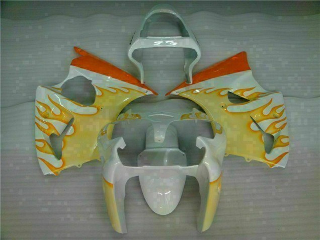 Carénage Kawasaki ZX6R 00-02 - Blanc Jaune Flamme Carénage Kawasaki ZX6R 00-02 - Blanc Jaune Flamme