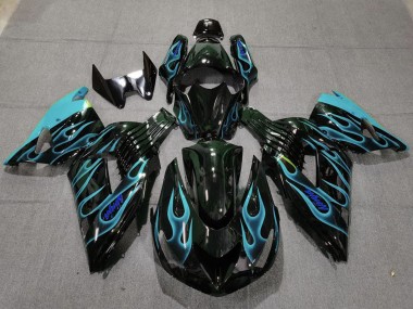 Carénages Moto Kawasaki ZX14R 2006-2011 - Noir Brillant Bleu Clair Flamme Vendre
