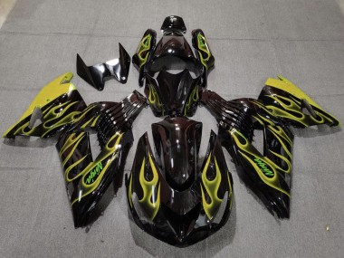 Carénages Moto Kawasaki ZX14R 2006-2011 - Noir Brillant Jaune Flamme Vendre