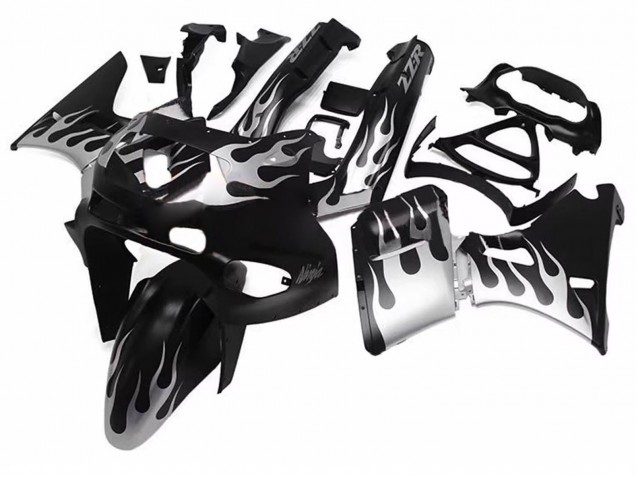 Carénages Moto Kawasaki ZZR400 1993-2007 - Noir Brillant Argent Flamme