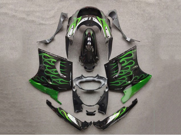 Carénages Moto Kawasaki ZZR1100 1993-2003 - Noir Brillant Vert Flamme