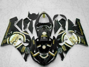 Carénages Moto Kawasaki ZX6R 2005-2006 - Noir Brillant Blanc Or Lucky Strike Vendre