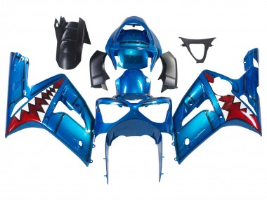 Carénages Moto Kawasaki ZX6R 2003-2004 - Bleu Blanc Rouge Requin Vendre