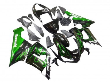 Carénage Moto Kawasaki ZX6R 2005-2006 - Noir Brillant Vert Flamme Vendre