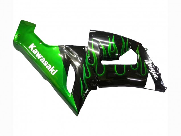Carénage Moto Kawasaki ZX6R 2005-2006 - Noir Brillant Vert Flamme