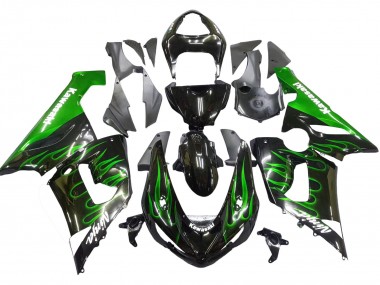 Carénage Moto Kawasaki ZX6R 2005-2006 - Noir Brillant Vert Flamme Vendre