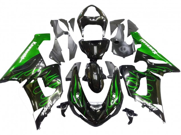 Carénage Moto Kawasaki ZX6R 2005-2006 - Noir Brillant Vert Flamme