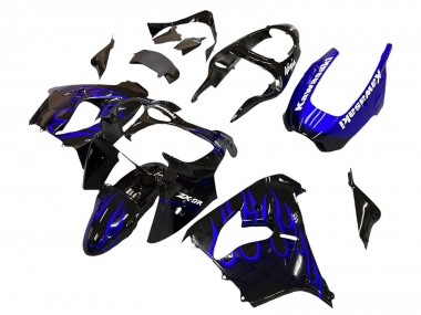 Carénages Moto Kawasaki ZX9R 2000-2001 - Noir Brillant Bleu Flamme Blanc Vendre