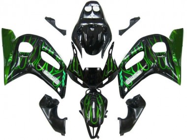 Carénages Moto Yamaha YZF 600 R6 1998-2002 - Noir Brillant Vert Flamme Vendre