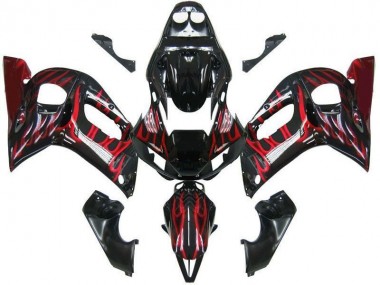Carénages Moto Yamaha YZF 600 R6 1998-2002 - Noir Brillant Rouge Flamme Vendre