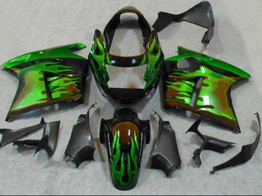 Carénages Moto Honda CBR1100XX Blackbird 1996-2007 - Noir Brillant Vert Flamme Vendre