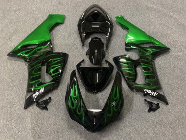 Carénages Moto Kawasaki ZX6R 2005-2006 - Noir Brillant Vert Flamme Vendre