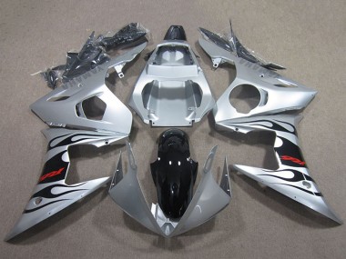 Carénages Moto Yamaha YZF R6 2003-2004 - Argent Noir Brillant Flamme Vendre