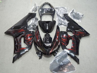 Carénages Moto Kawasaki ZX6R 2005-2006 - Noir Brillant Rouge Flamme Vendre