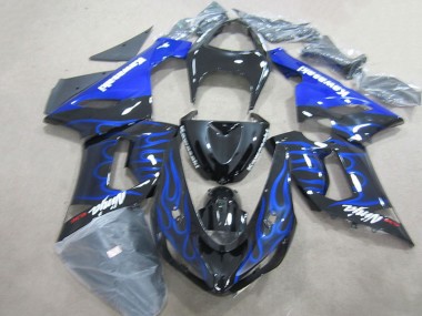 Carénages Moto Kawasaki ZX6R 2005-2006 - Noir Brillant Bleu Flamme Vendre