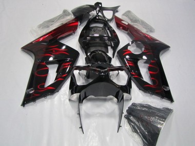 Carénage Moto Kawasaki ZX6R 2003-2004 - Noir Brillant Rouge Flamme Vendre