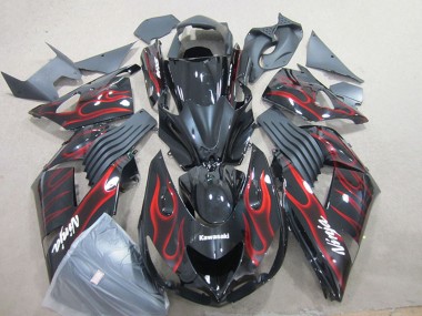 Carénage Moto Kawasaki ZX14R ZZR1400 2006-2011 - Noir Brillant Rouge Flamme Vendre